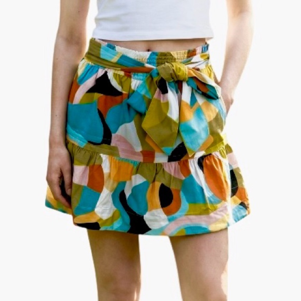 Anthropologie Somerset Mini Skirt Geometric Ruffle Elastic Waist Tie Bow Sz S